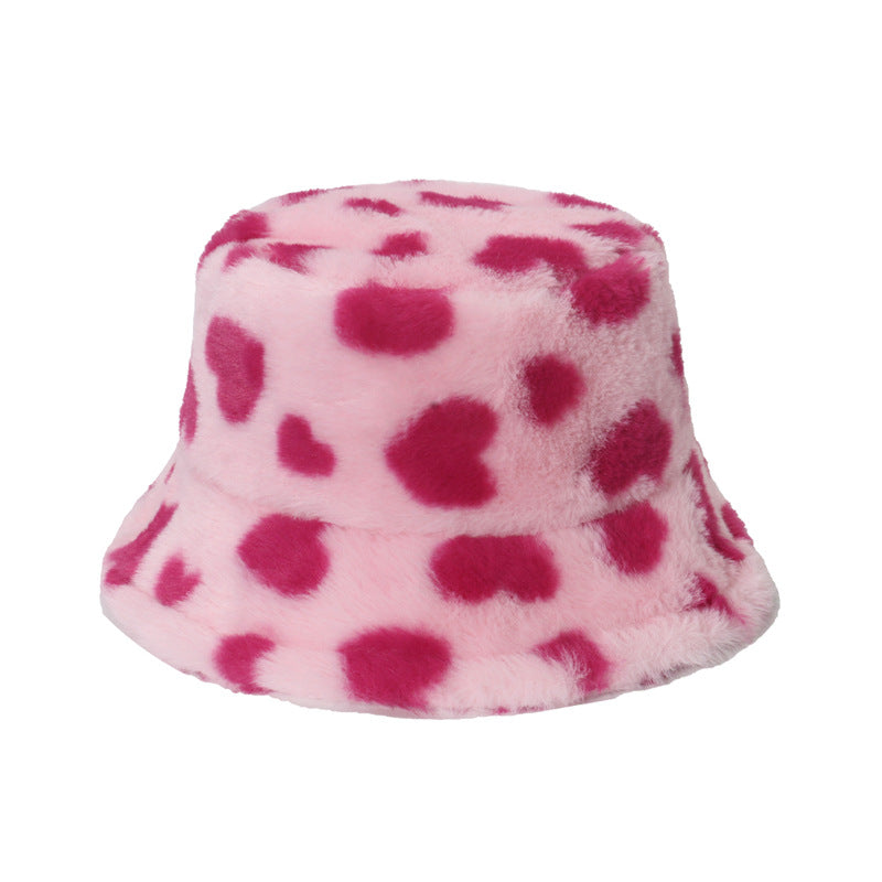 Trendy Heart Print Fluffy Plush Bucket Hat 6W6HAT808