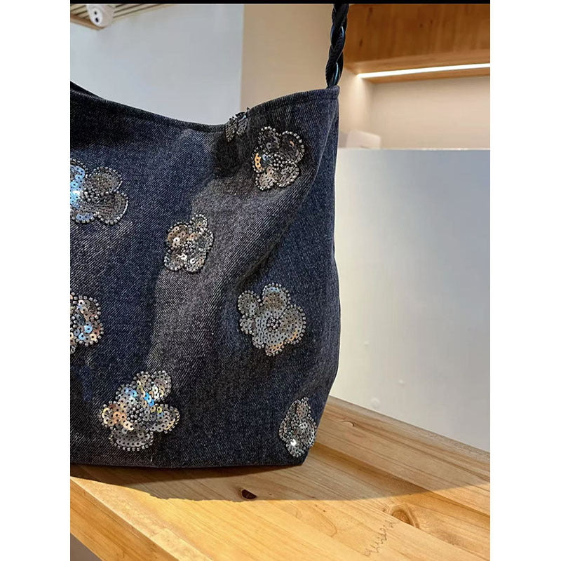 Vintage Floral Sequin Canvas Bucket Bag 6W10BBG1397