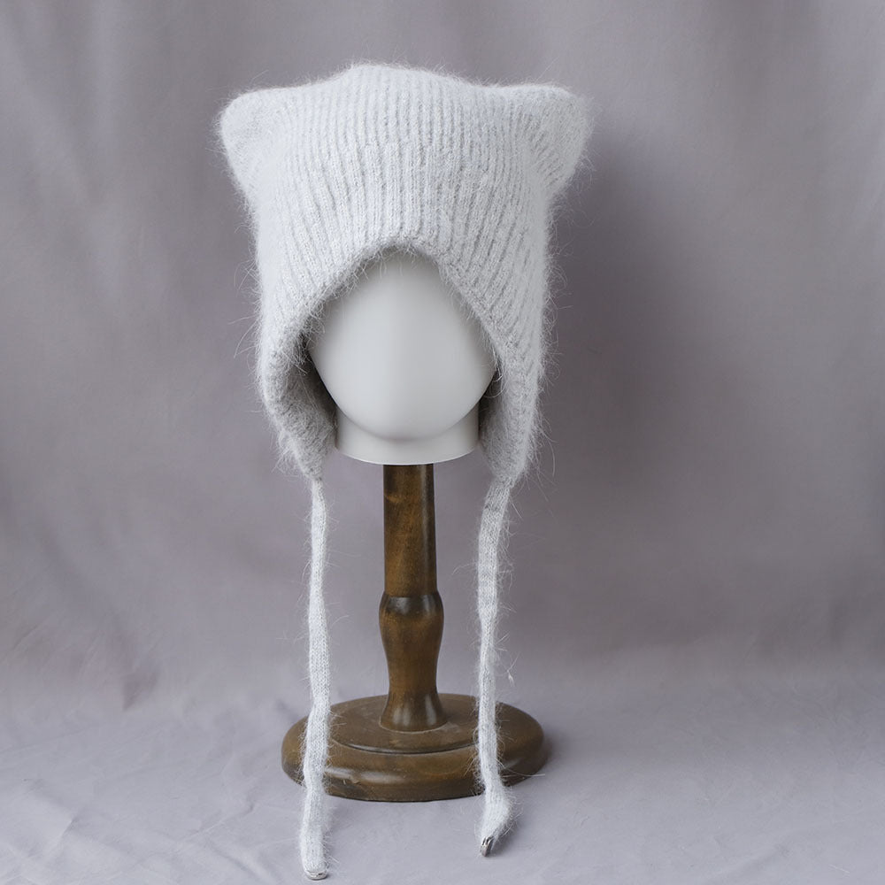 Soft Fuzzy Earflap Knit Beanie with Ties 6W6HAT693