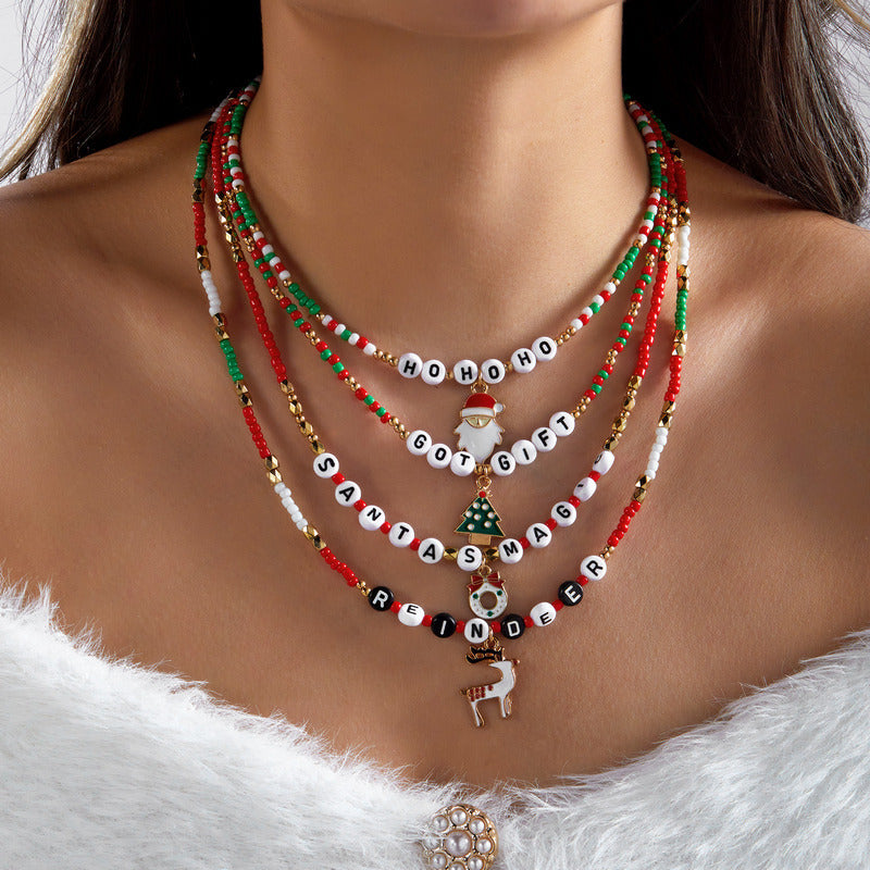 Colorful Christmas Santa Claus Layered Beaded Necklace 6W6JNC887