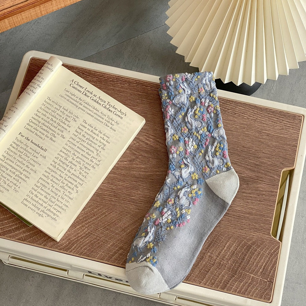 Jacquard Floral Bunny Socks - DippedShop Wholesale - #3427