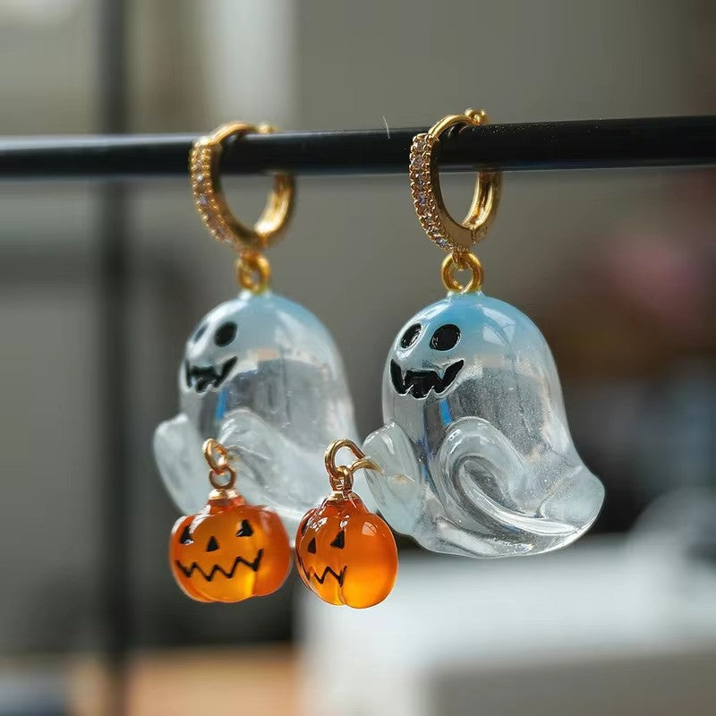 Spooky Halloween Ghost Pumpkin Rhinestone Hoop Earrings 6W6JER548