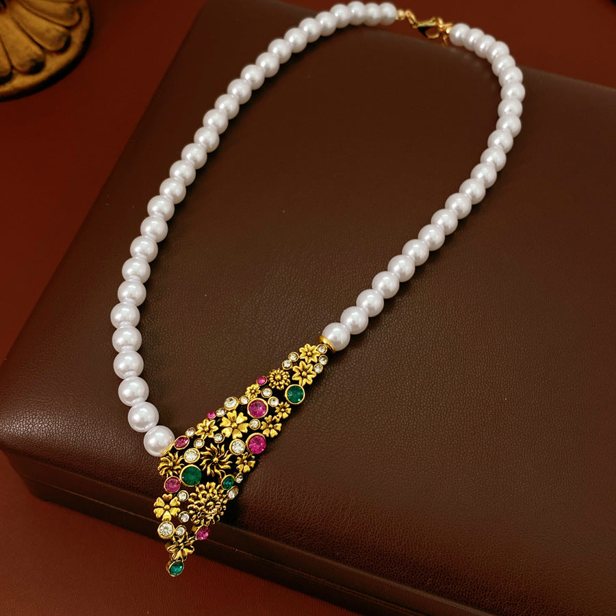 Retro Rhinestones Floral Pearl Chain Necklace 6W6JNC890