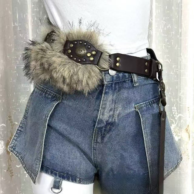 Punk Style Fur Studded Wide Leather Belt 6W6JBT207