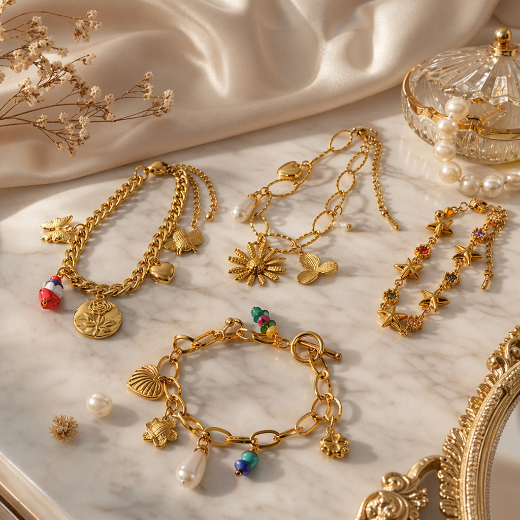 Fashion Gold Plated Floral Heart Charm Bracelet 6W6JBR513