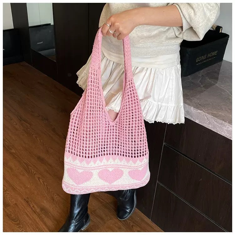 Casual Heart Knitted Hollow Out Shoulder Bag 6W10BBG1794