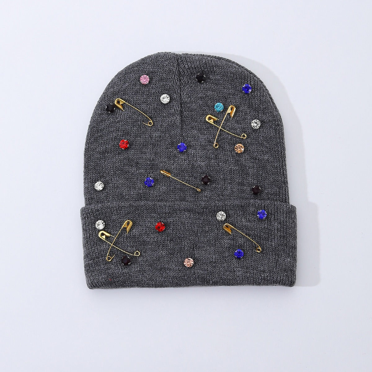 Rhinestone Safety Pin Beanie - DippedShop Wholesale - #5107
