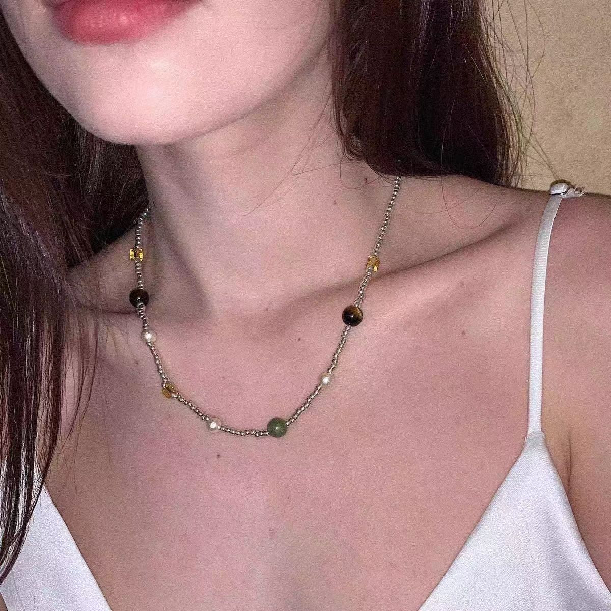 Handmade Pearl Beaded Chain Adjustable Necklace 6W6JNC408L
