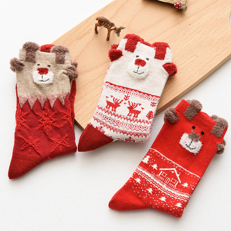 3D Ear Christmas Reindeer Crew Socks 6W8FSO907