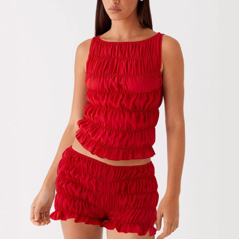 Casual Sleeveless Ruched Crop Top Shorts Set DP25D938