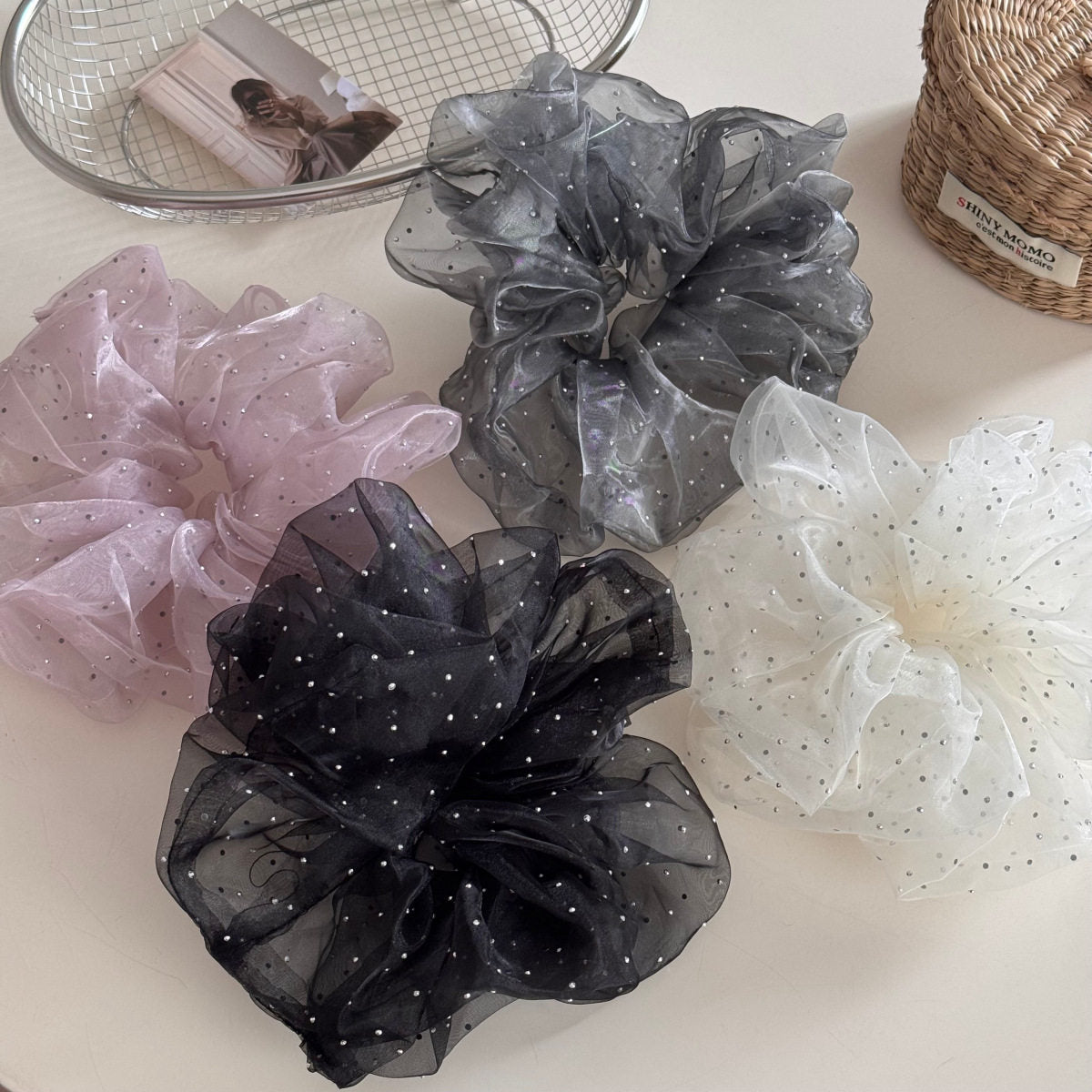 Sheer Fluffy Rhinestone Starry Mesh Hair Scrunchie MK2BLW6W6HSR22