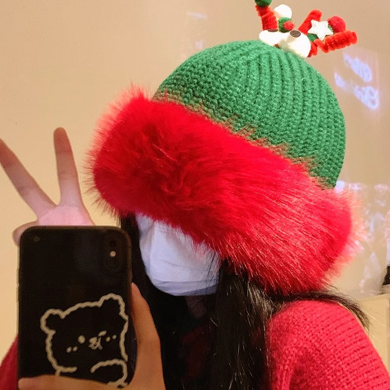 Fuzzy Plush Reindeer Antler Christmas Knitted Beanie 6W6HAT833