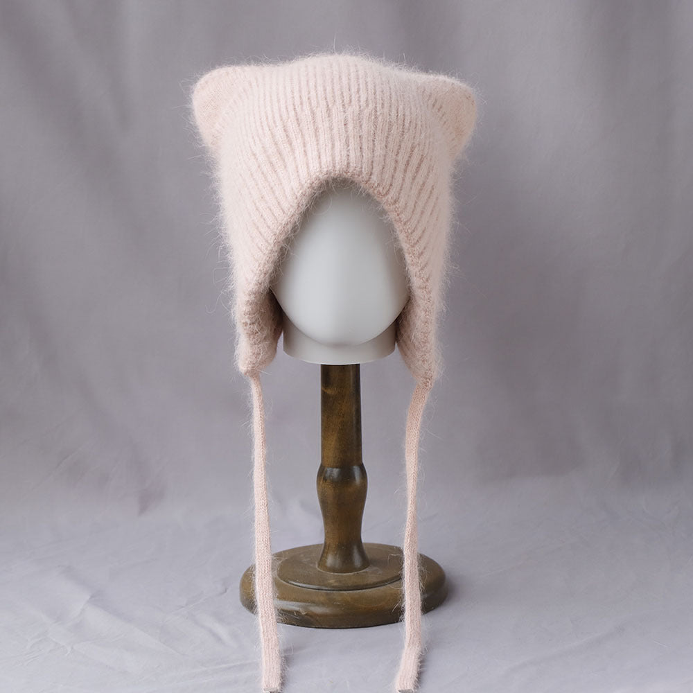 Soft Fuzzy Earflap Knit Beanie with Ties 6W6HAT693