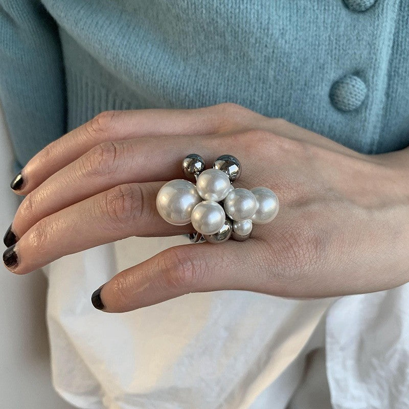 Trendy Double Layer Exaggerated Pearl Statement Ring 8ZA6JRG128L