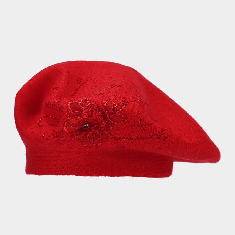 Vintage Rhinestone Floral Embroidery Knit Beret Hat 6W6HAT523