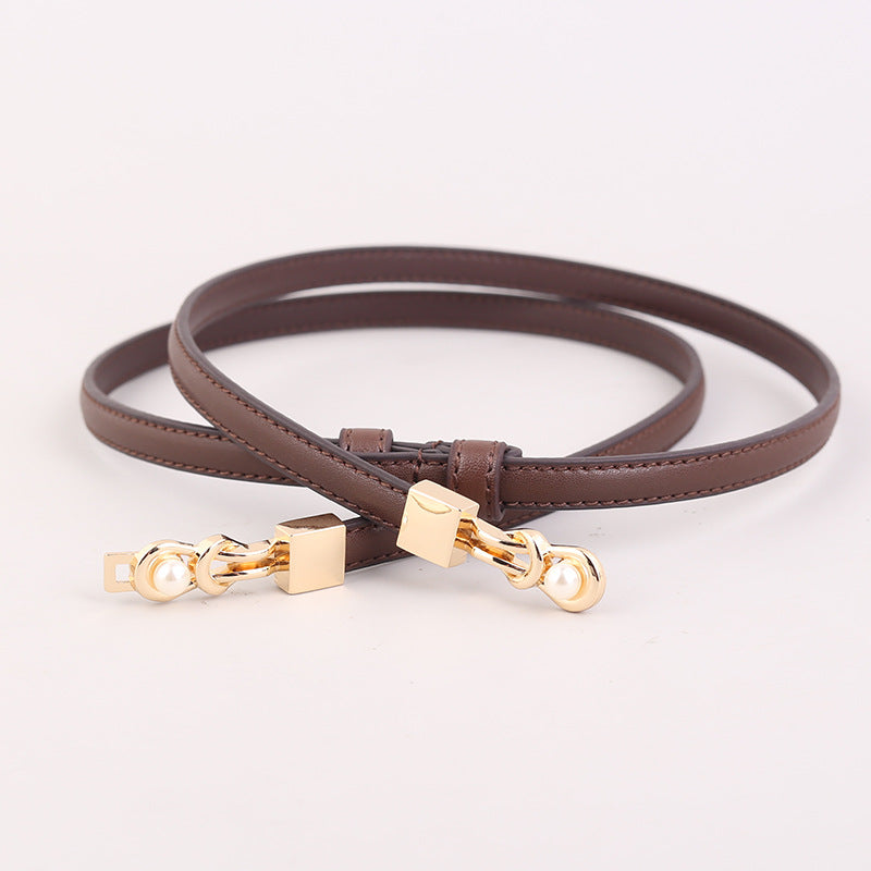 Elegant Pearl Gold Buckle Skinny Dress Leather Belt 6W6JBT160