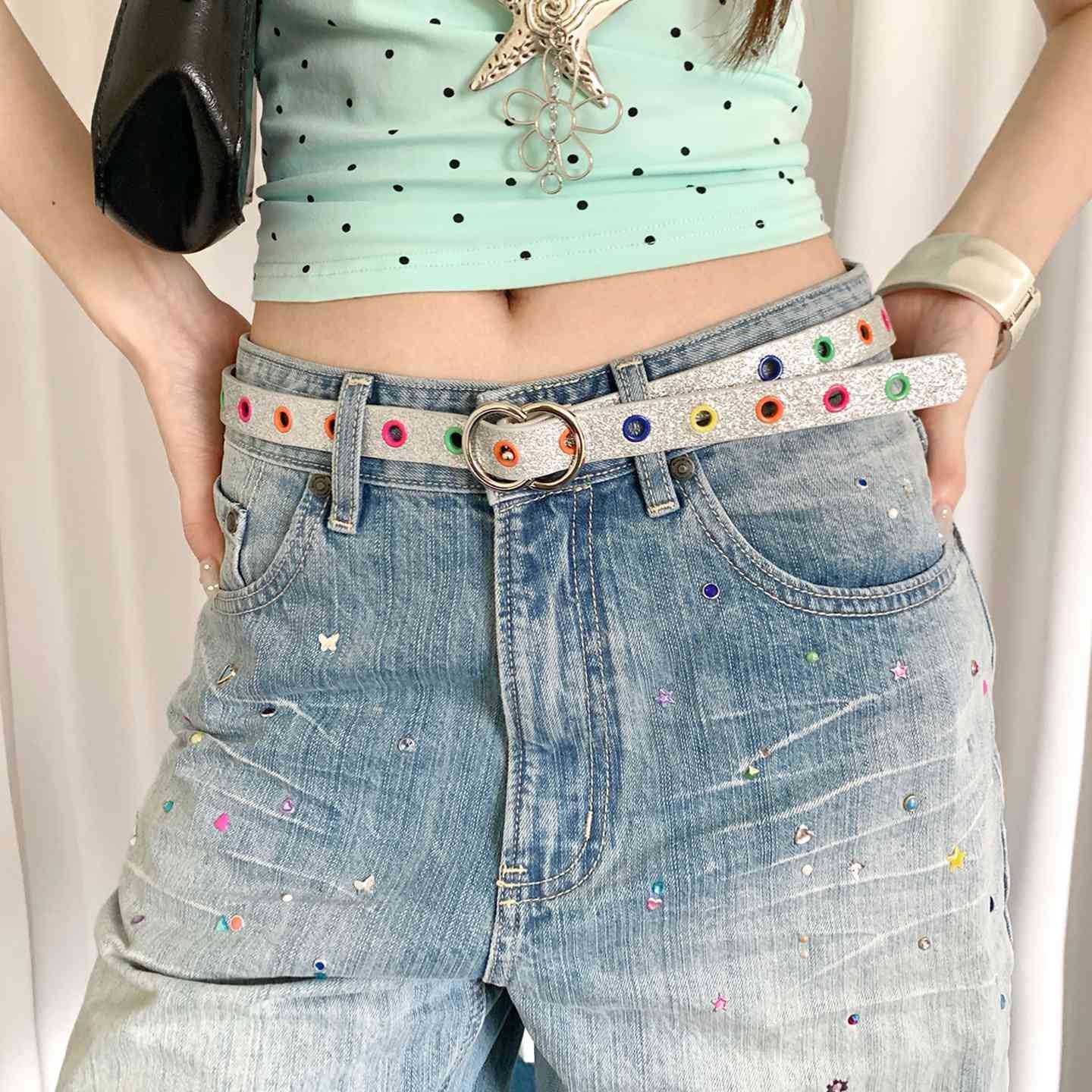 Fashion Colorful Studded Skinny Adjustable Leather Belt 6W6JBT166