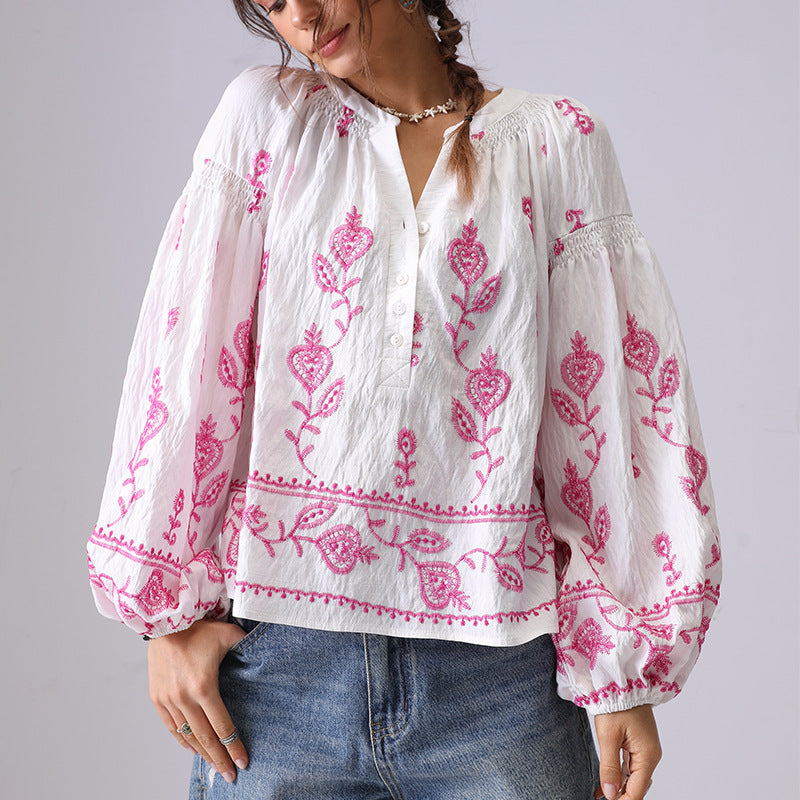 Floral Embroidered Loose Button Shirt DP25C861