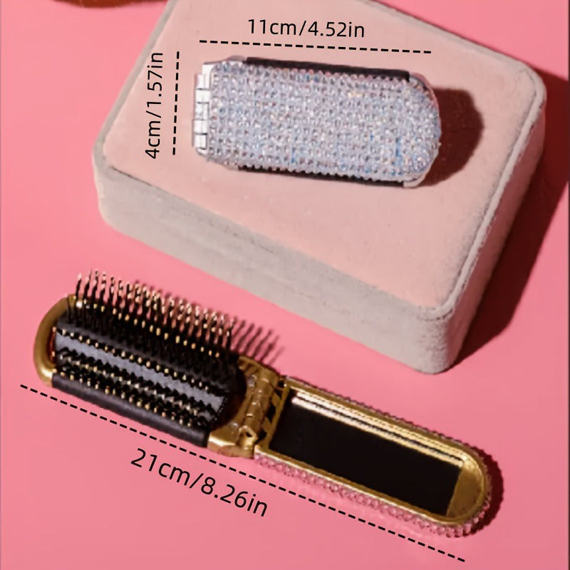 Mini Rhinestone Folding Hair Brush with Mirror 6C5CB163