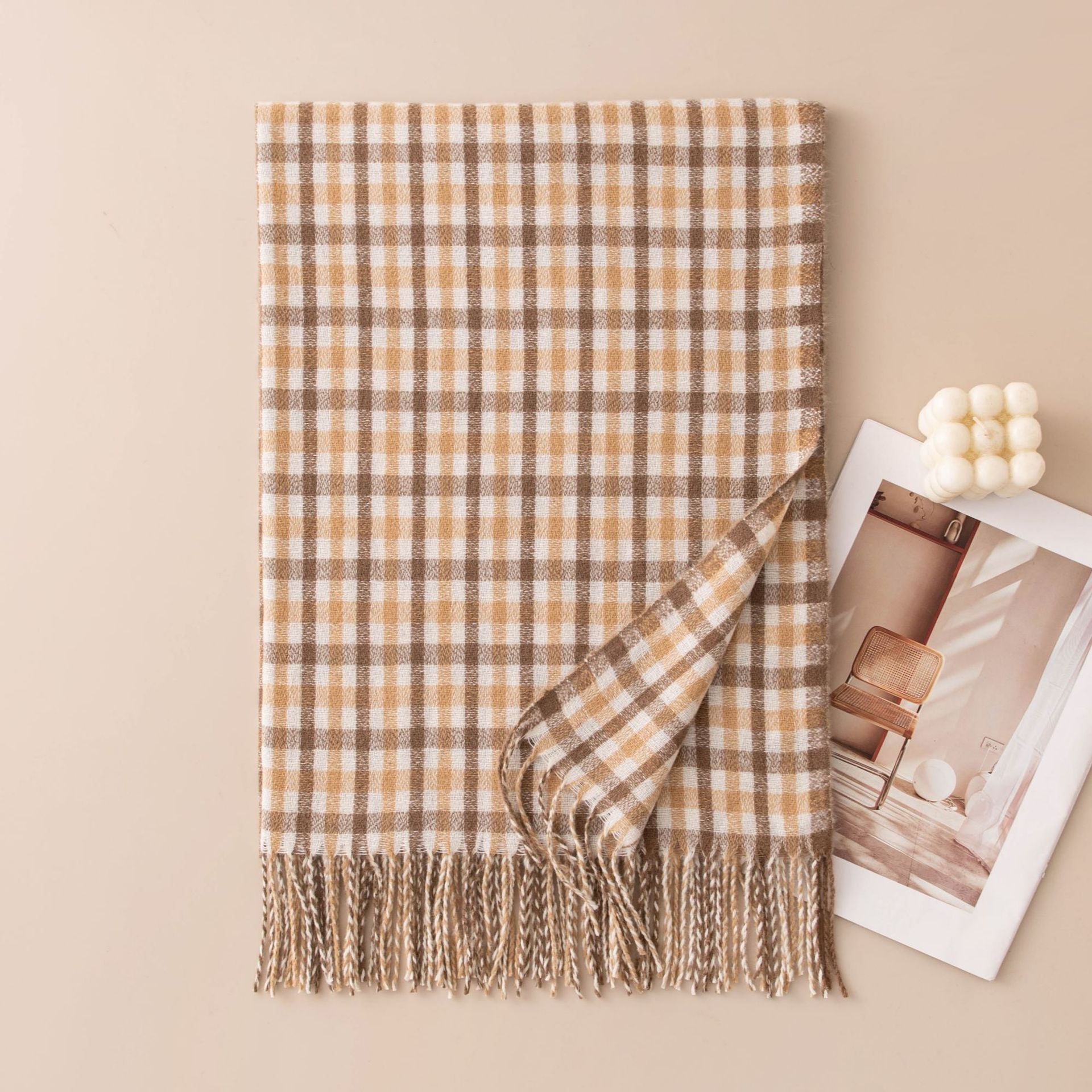 Warm Color Block Plaid Tassel Scarf 6W6NSW285
