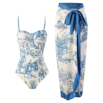 Vintage Print Slim Fit Swimwear with Cover Dress DPSW1018
