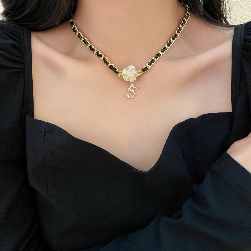 Elegant Camellia Pendant Pearl Chain Choker Necklace 6W6JNC905