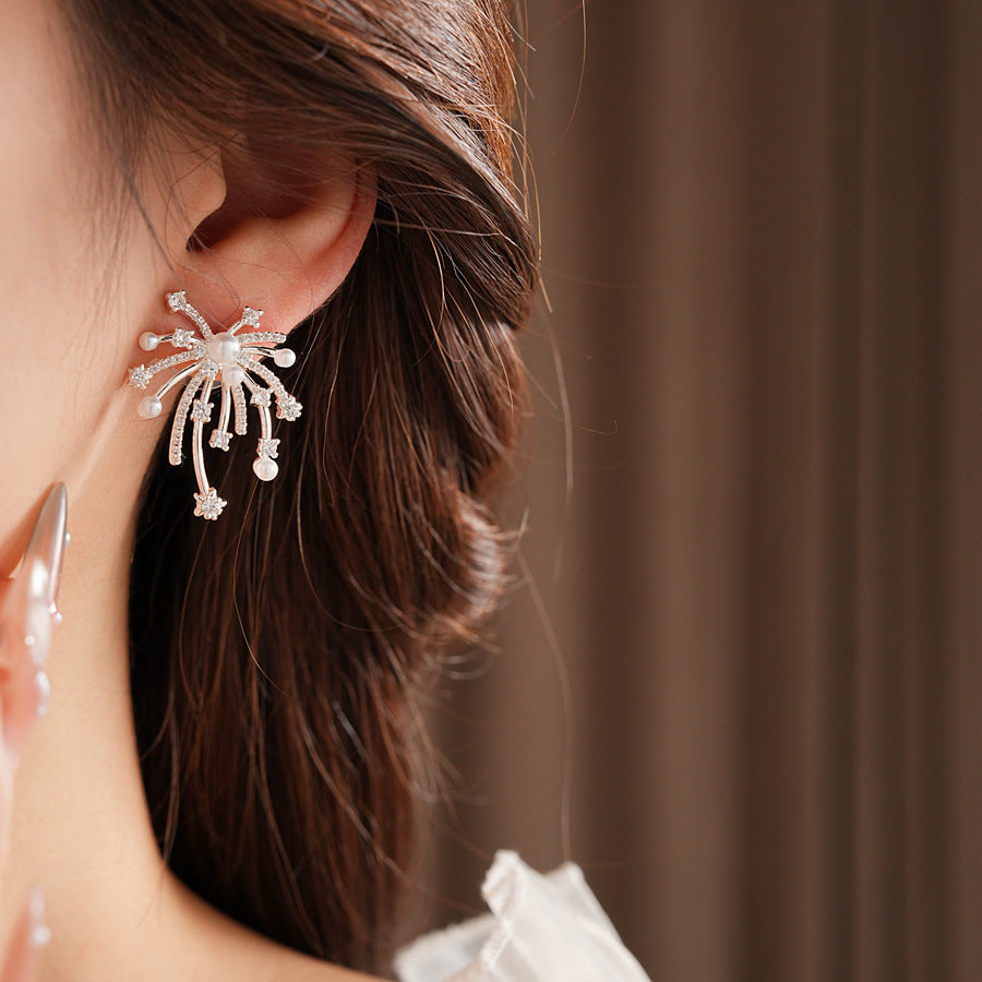 Vintage Sparkly Firework Pearl Stud Earrings 6W6JER756