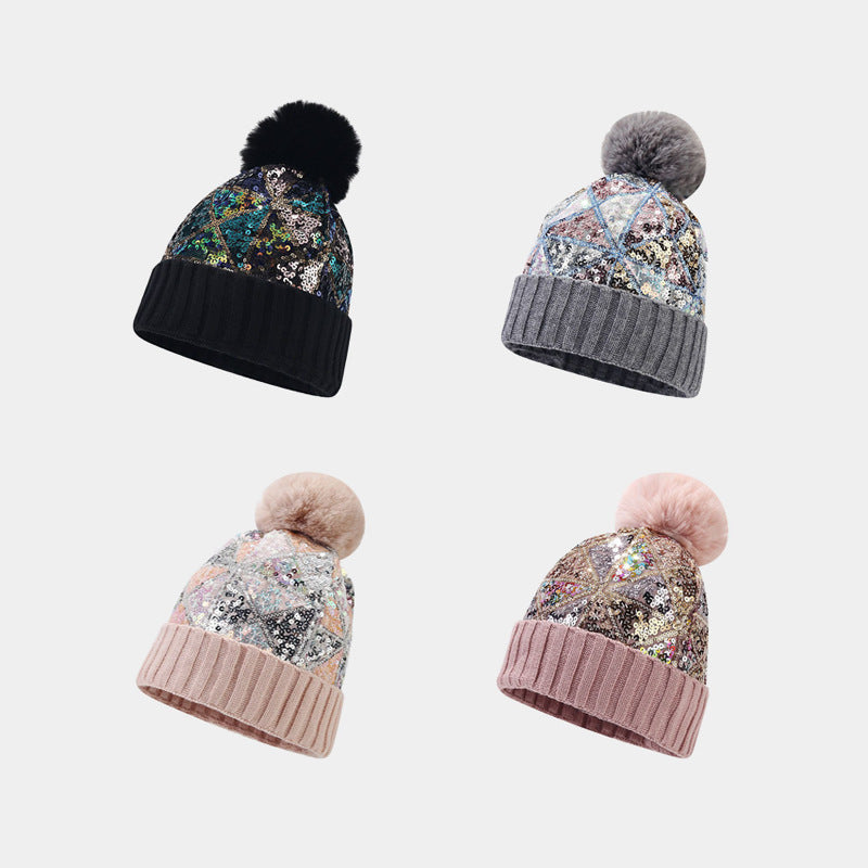 Colorful Sequin Thicken Warm Knit Pom Beanie DPKB0306