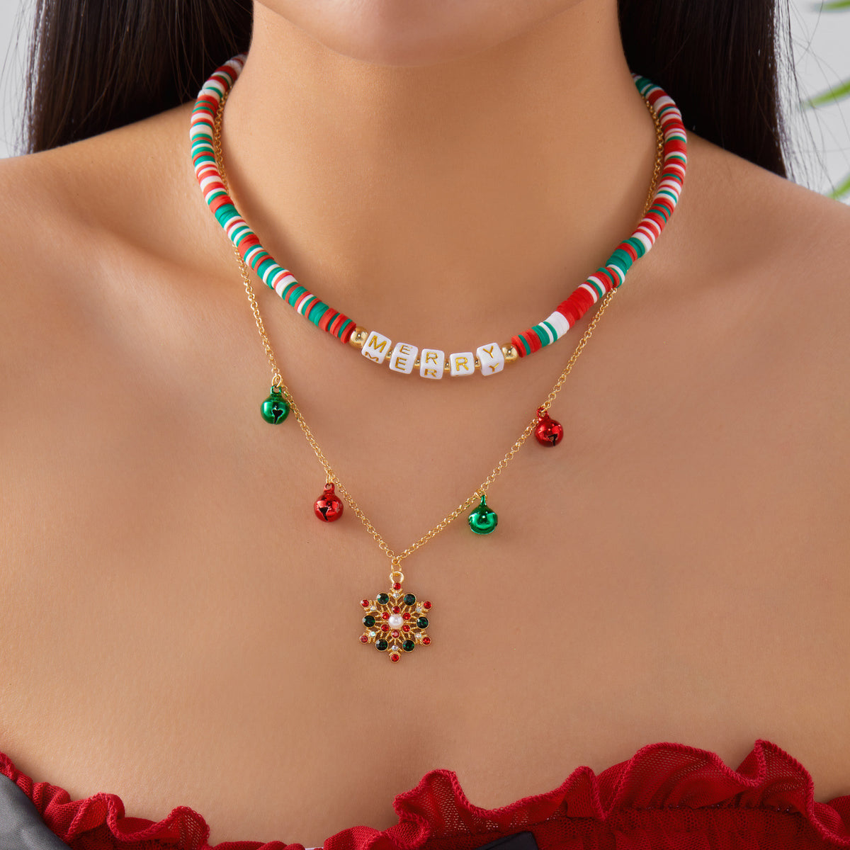 Colorful Christmas Santa Claus Layered Beaded Necklace 6W6JNC887