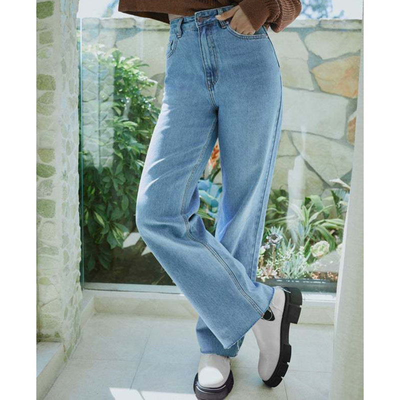 Solid Color High Waist Denim Pants Loose Jeans TSX1006