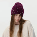 Winter Pearl Rhinestone Solid Color Beanie Hat 6W6HAT642