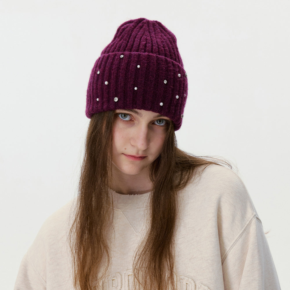 Winter Pearl Rhinestone Solid Color Beanie Hat 6W6HAT642