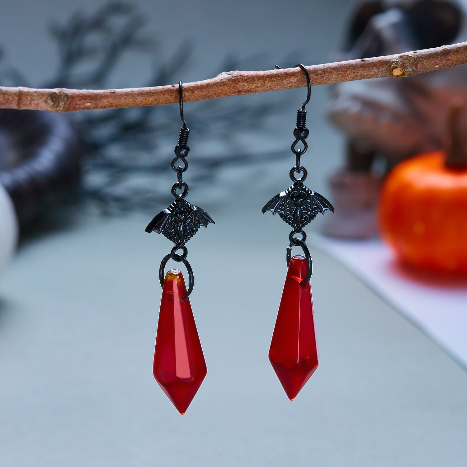 Halloween Red Crystal Bat Dangle Earrings 6W6JER549