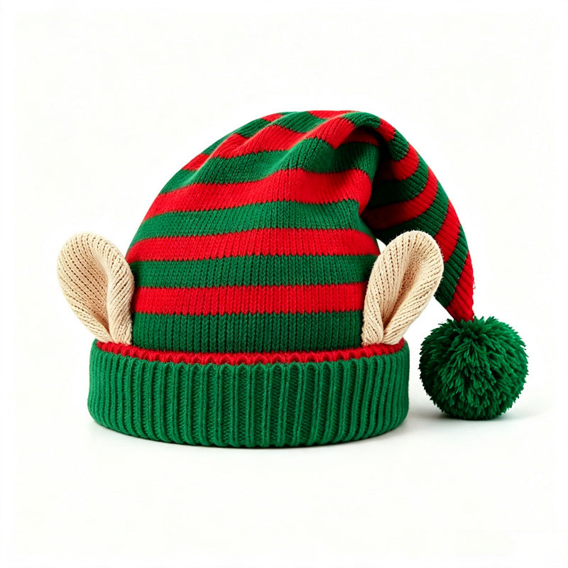 Christmas Elf-Eared Striped Knit Beanie with Pompom 6W6HAT830