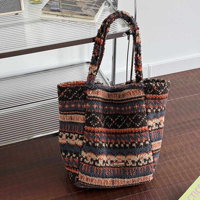 Vintage Jacquard Pattern Plush Commuter Tote Bag 6W10BBG2492