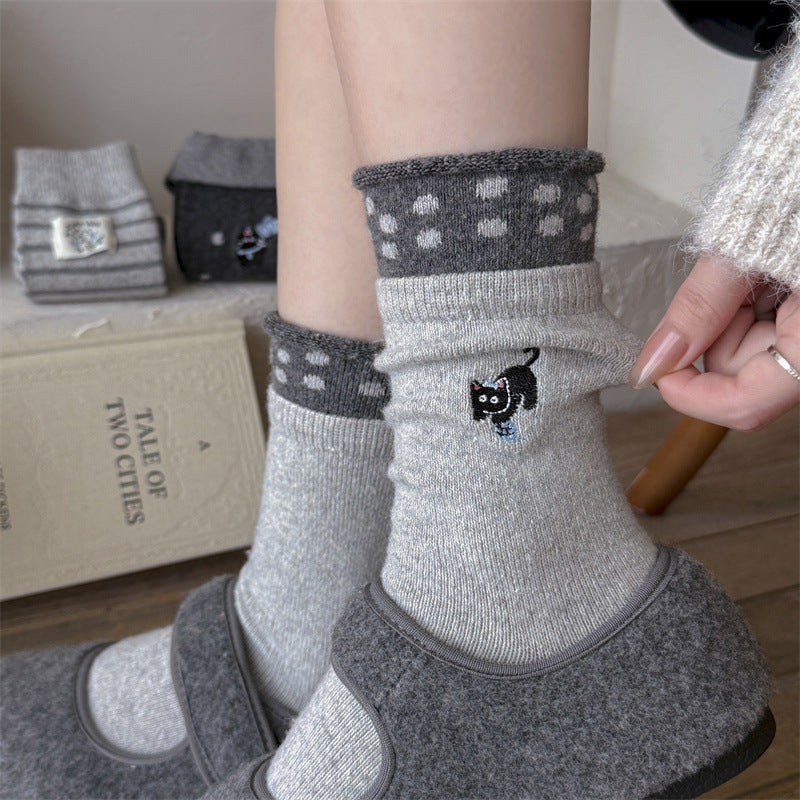 Retro Striped Embroidered Cat Thermal Socks 6W8FSO893