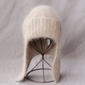Fuzzy Angora Rabbit Fur Earflap Knit Beanie 6W6HAT691