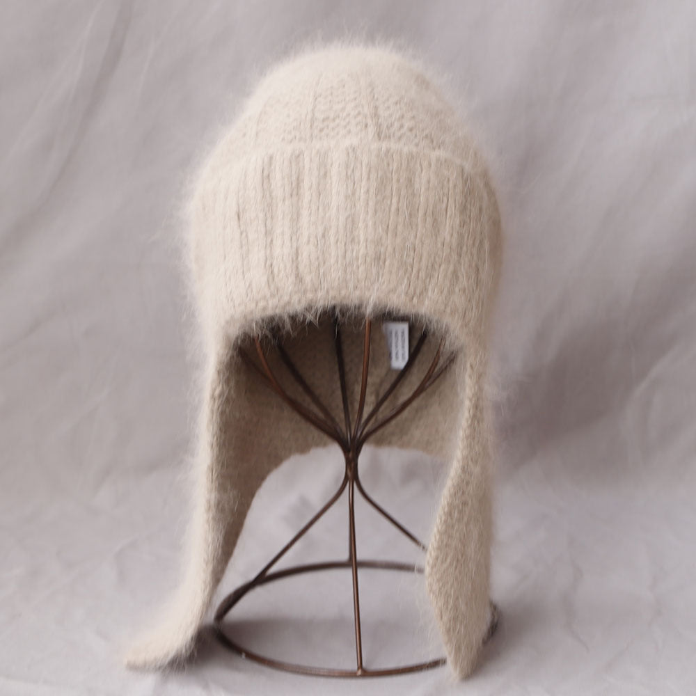 Fuzzy Angora Rabbit Fur Earflap Knit Beanie 6W6HAT691