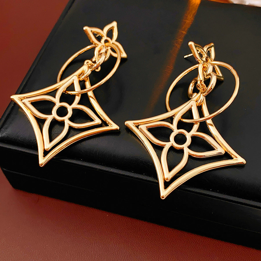 Fashion Hollow Flower Gold Plated Geometric  Dangle Earrings 6W6JER727