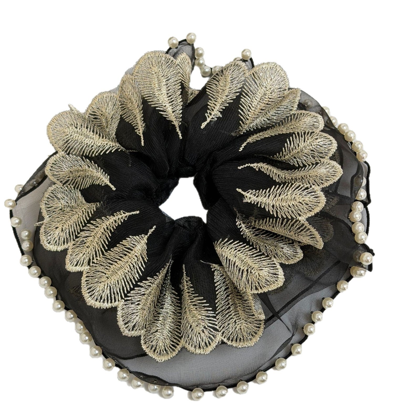 Elegant Feather Embroidery Pearl Decor Scrunchies 6W6HSR383