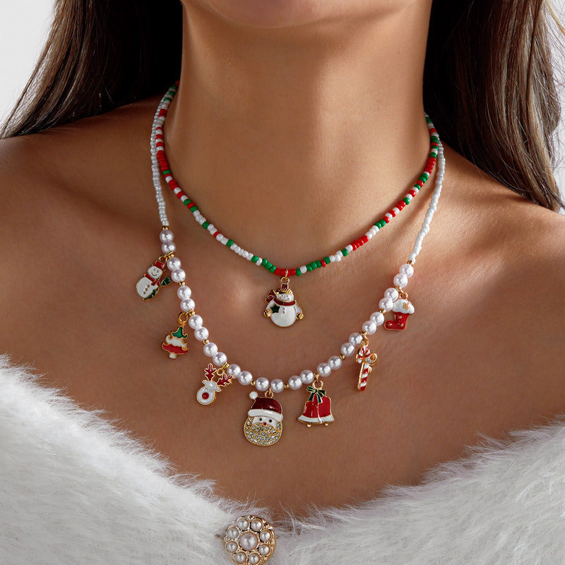 Colorful Christmas Santa Claus Layered Beaded Necklace 6W6JNC887