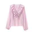 V-Neck Ruffled Chiffon Blouse - DippedShop Wholesale - #6755