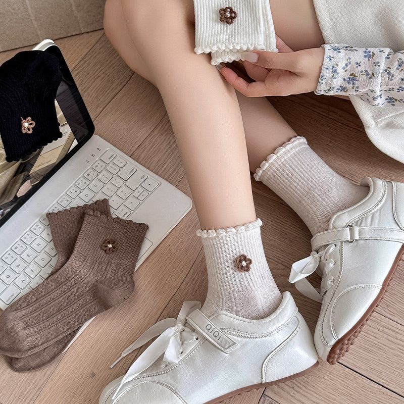 Cute 3D Floral Lace-Trim Ankle Socks 6W8FSO692