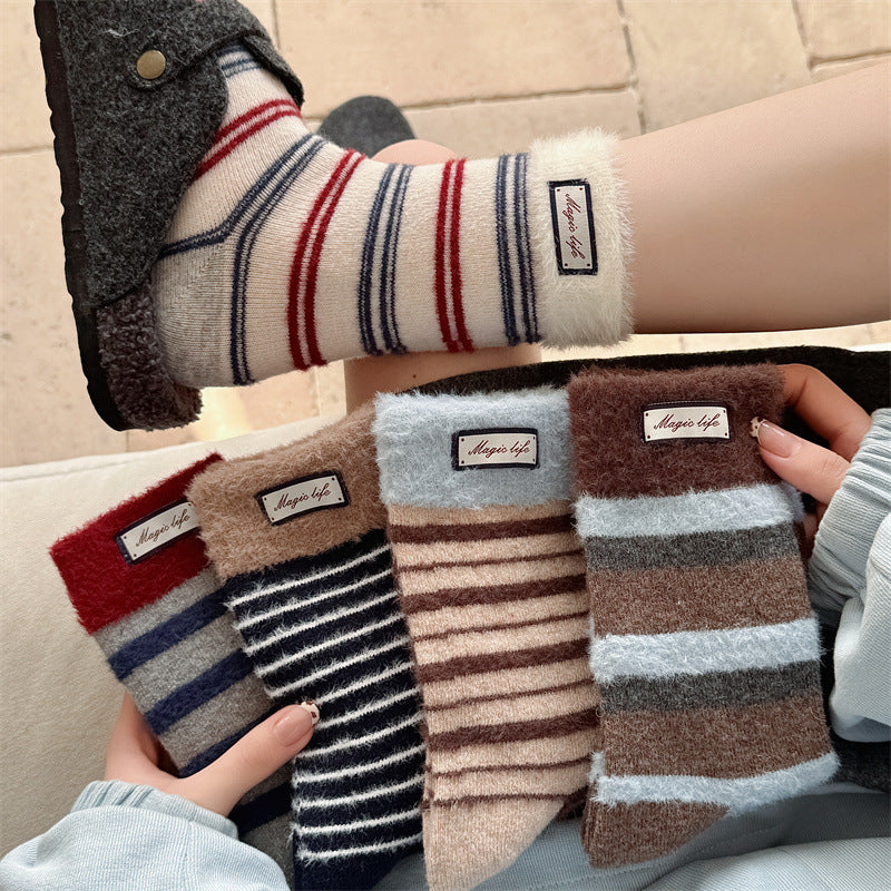 Striped Color Block Thermal Plush Crew Socks DP25H528