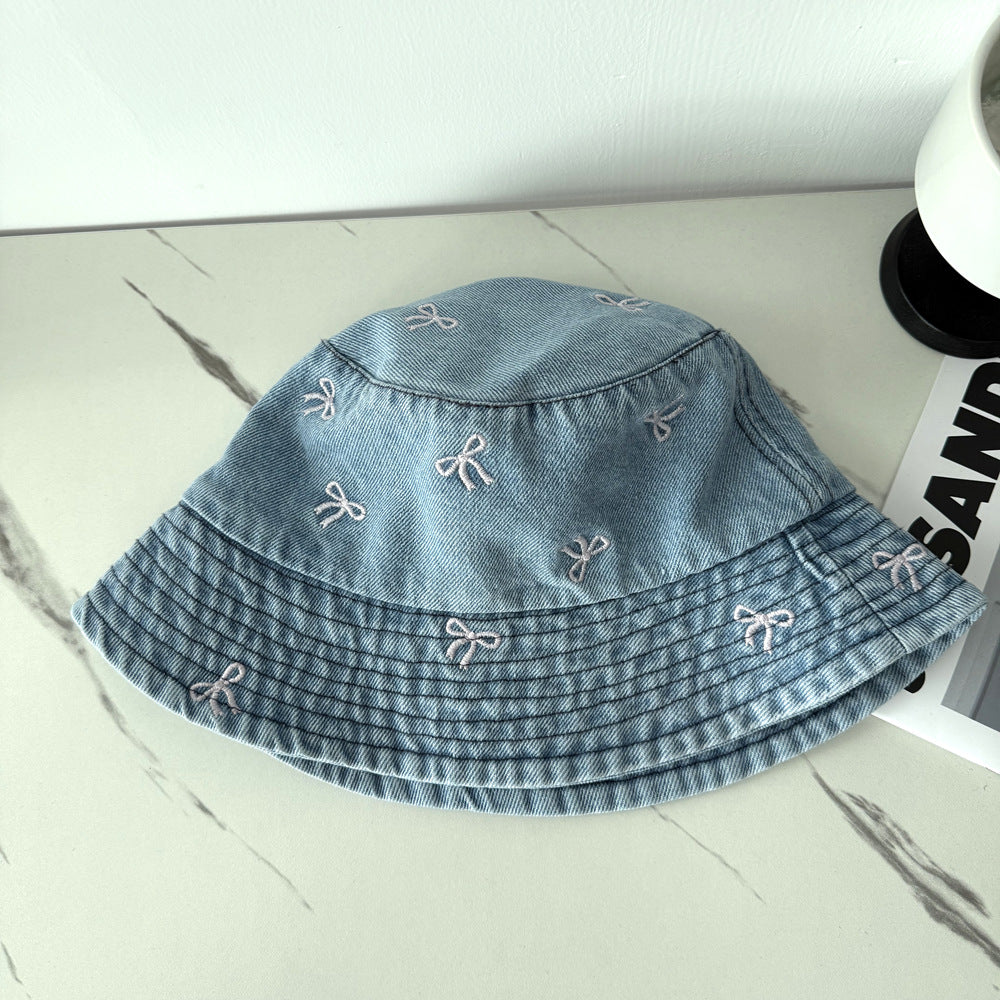 Cute Bowknot Cherry Embroidery Denim Bucket Hat MK2BLW6W6HAT70