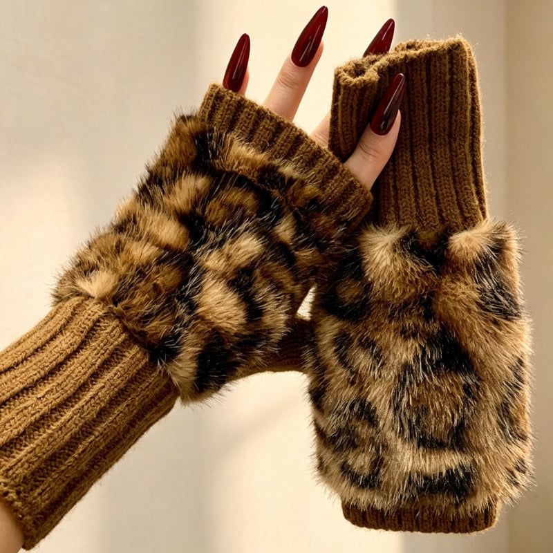 Leopard Faux Fur Fingerless Gloves - DippedShop Wholesale - #6899
