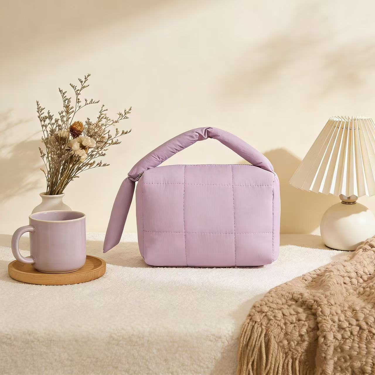 Solid Color Cotton Quilted Top Handle Cosmetic Bag 6S10BOB1042