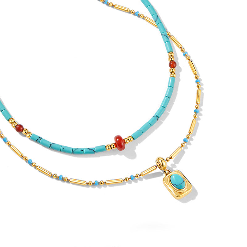 Retro Turquoise Beaded Chain Necklace - DippedShop Wholesale - #8899