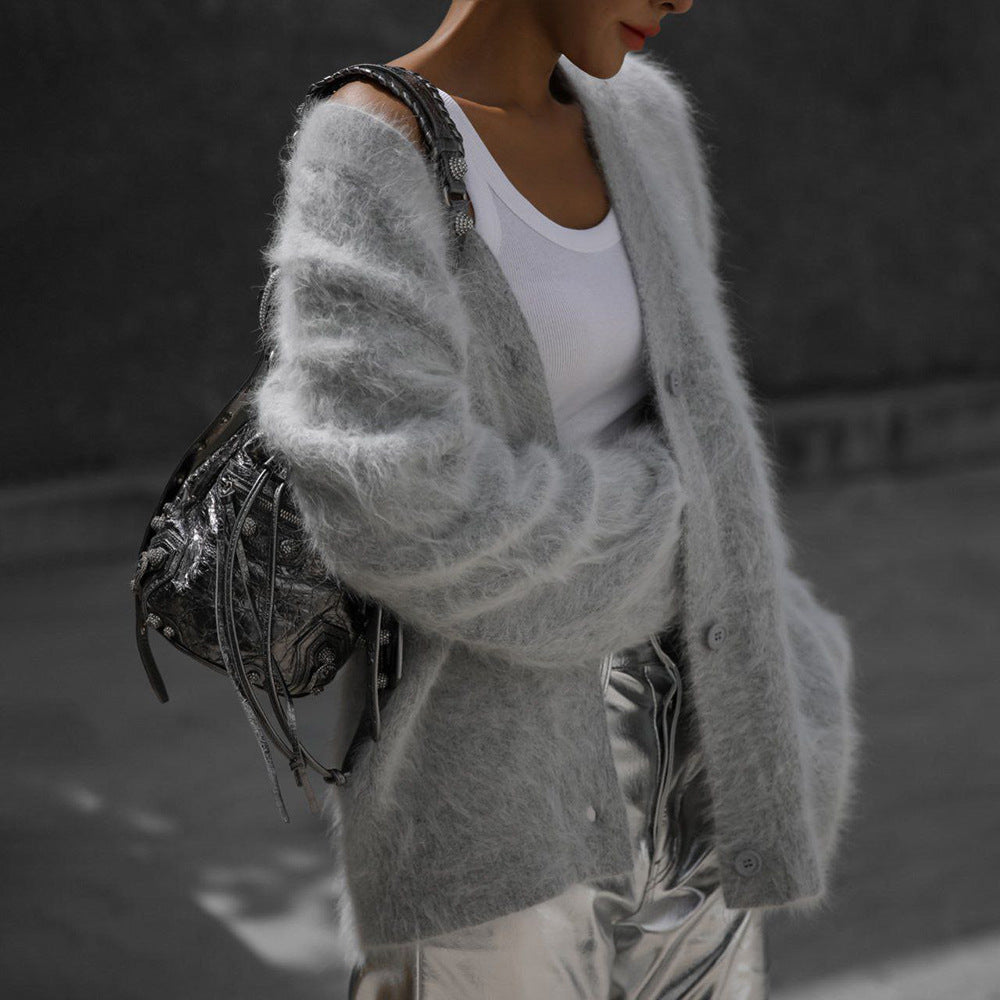 V-Neck Loose Mohair Cardigan - DippedShop Wholesale - #4323