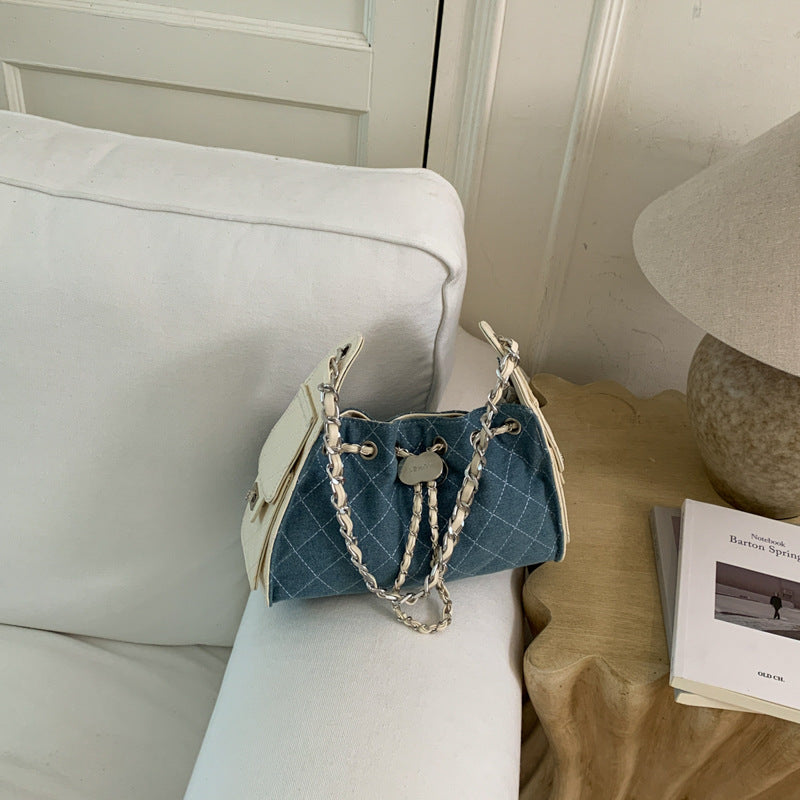 Quilted Drawstring Denim Bucket Handbag 6W10BBG1353